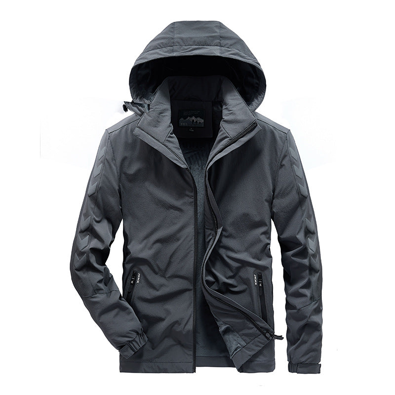 Herren wasserabweisende Softshelljacke mit Kapuze, reflektierenden Chevron-Streifen und Reißverschlusstaschen Drune