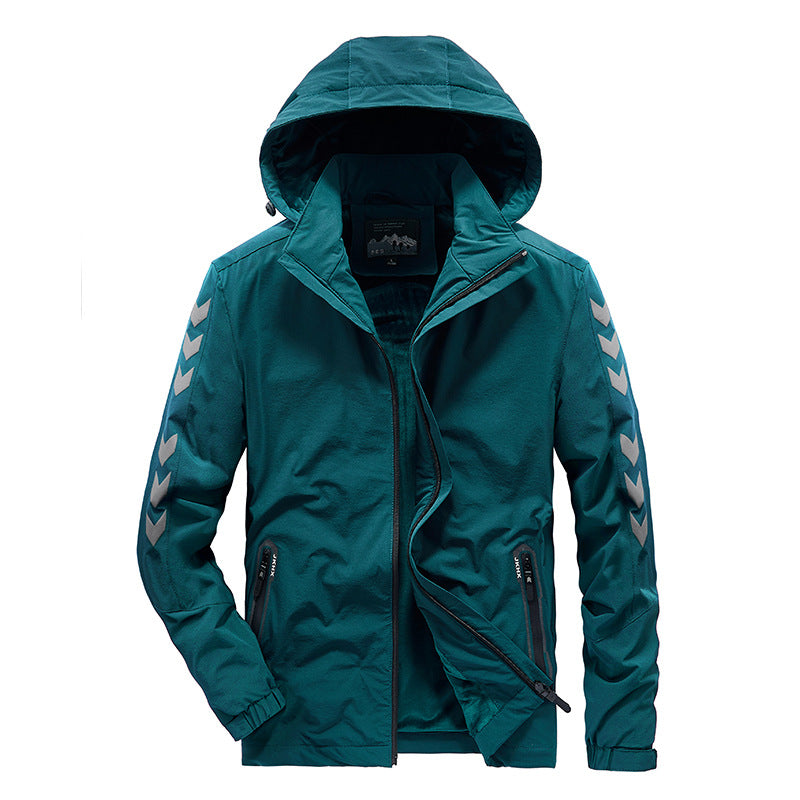 Herren wasserabweisende Softshelljacke mit Kapuze, reflektierenden Chevron-Streifen und Reißverschlusstaschen Drune