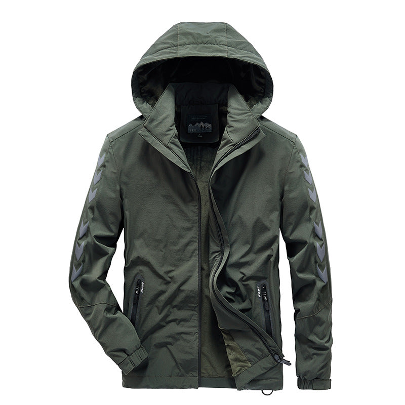 Herren wasserabweisende Softshelljacke mit Kapuze, reflektierenden Chevron-Streifen und Reißverschlusstaschen Drune