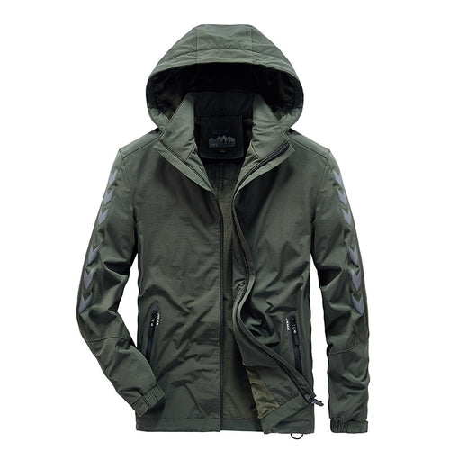 Herren wasserabweisende Softshelljacke mit Kapuze, reflektierenden Chevron-Streifen und Reißverschlusstaschen Drune