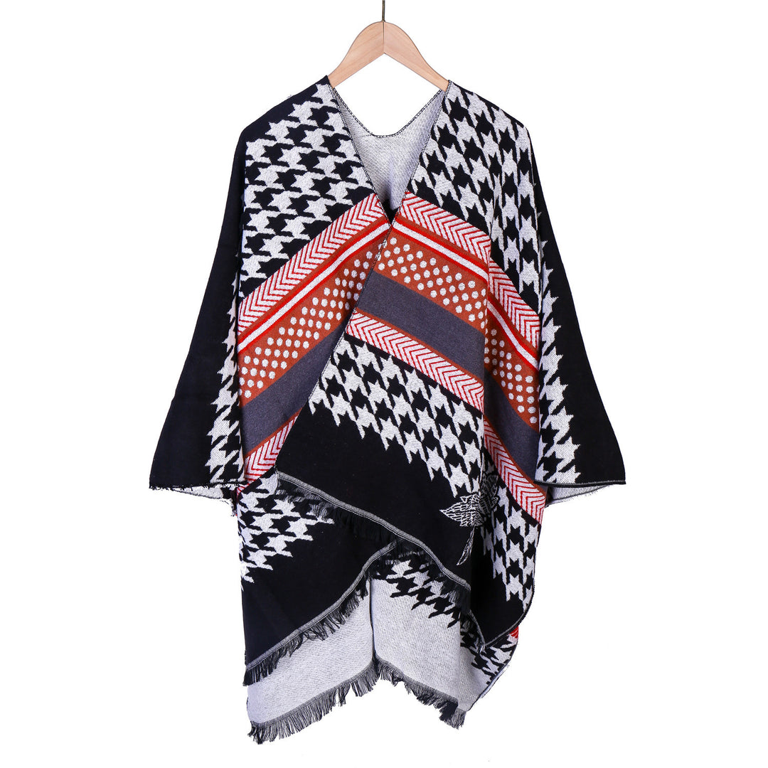 Damen Oversize-Ruana mit Hahnentritt-Jacquard und Fransensaum Drune