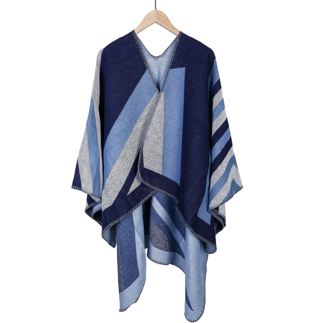 Damen Oversize-Ruana mit grafischem Blockmuster und dekorativer Kettelnaht Drune
