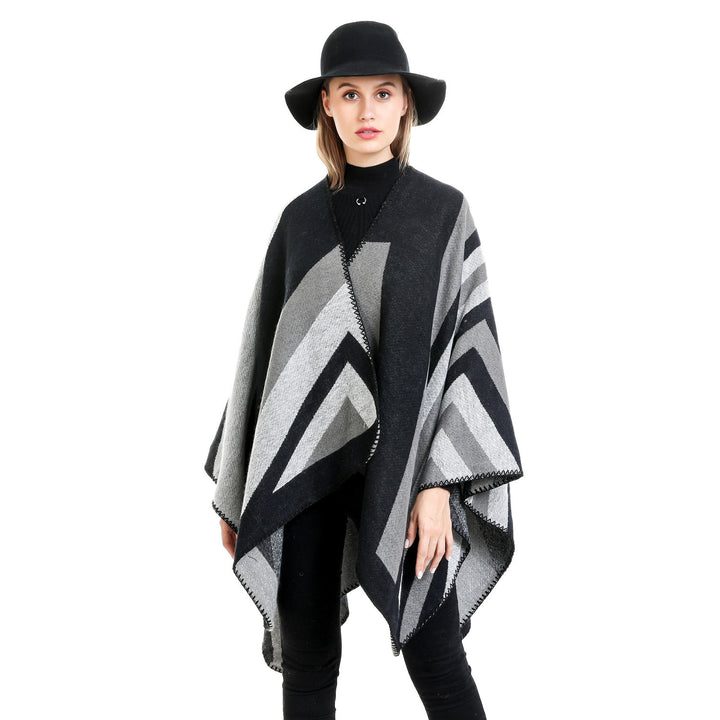 Damen Oversize-Ruana mit grafischem Blockmuster und dekorativer Kettelnaht Drune