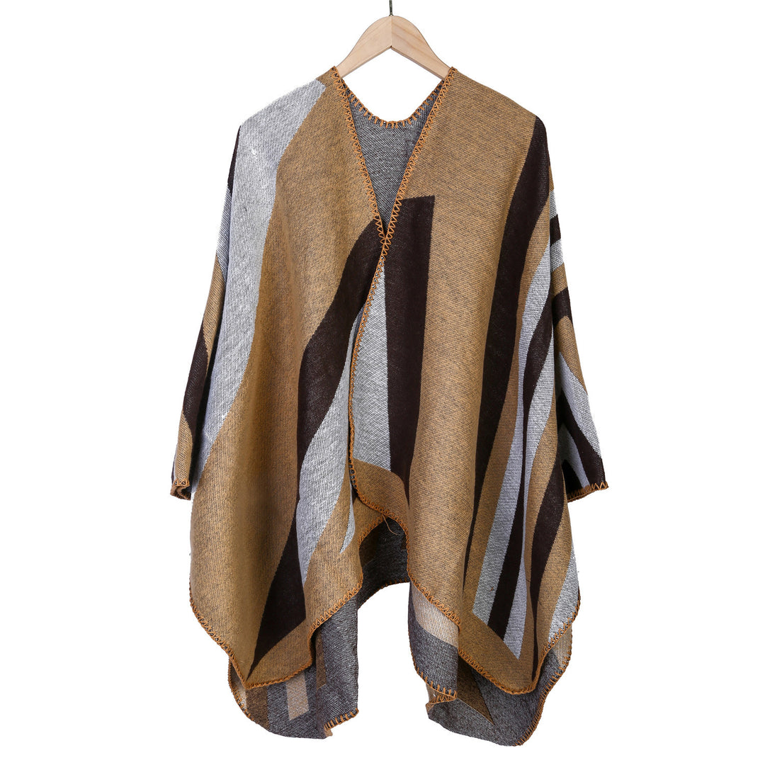 Damen Oversize-Ruana mit grafischem Blockmuster und dekorativer Kettelnaht Drune