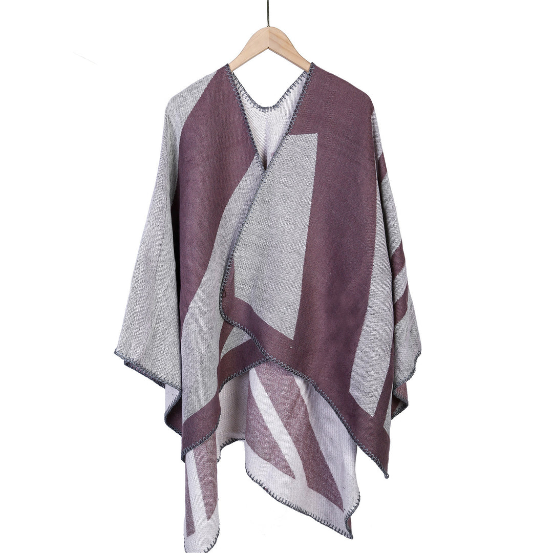Damen Oversize-Ruana mit grafischem Blockmuster und dekorativer Kettelnaht Drune
