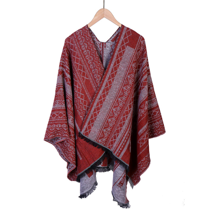 Damen Ruana-Poncho im kastigen Kimono-Fall mit feiner Jacquard‑Webstruktur und Fransensaum Drune