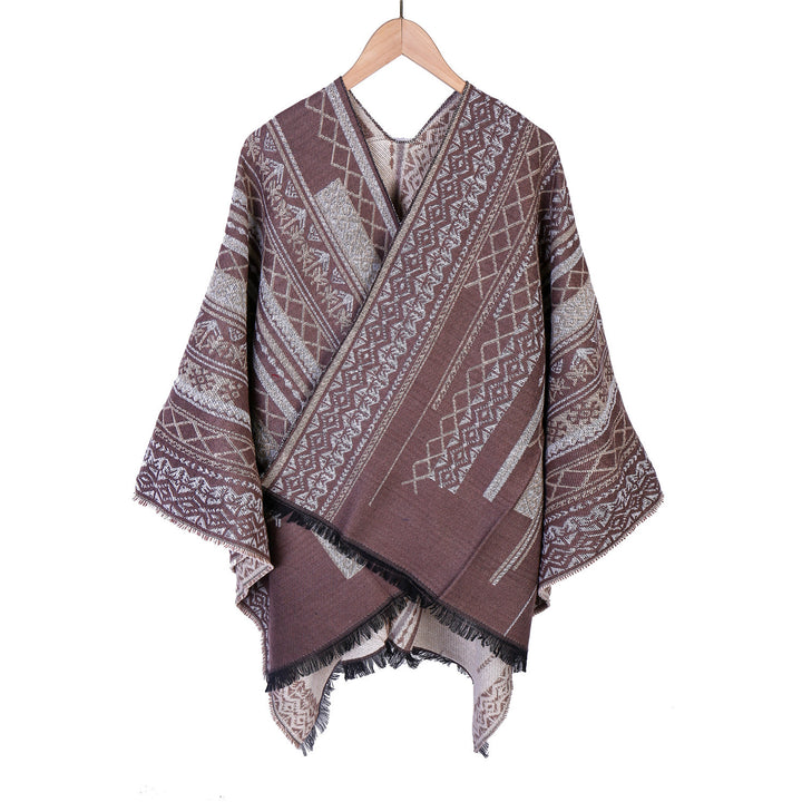 Damen Ruana-Poncho im kastigen Kimono-Fall mit feiner Jacquard‑Webstruktur und Fransensaum Drune