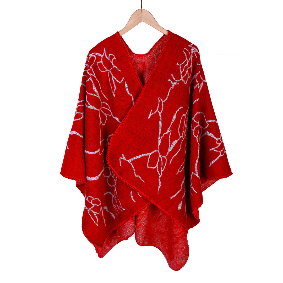 Damen Oversize-Strickruana mit floraler Kontraststickerei Drune
