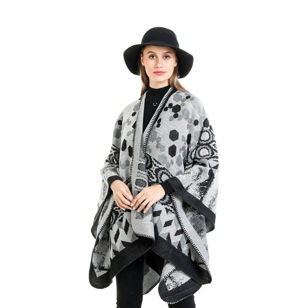 Damen Gemusterter Jacquard-Ruana-Überwurf mit V-Ausschnitt und Kettelnaht Drune
