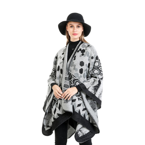 Damen Gemusterter Jacquard-Ruana-Überwurf mit V-Ausschnitt und Kettelnaht Drune