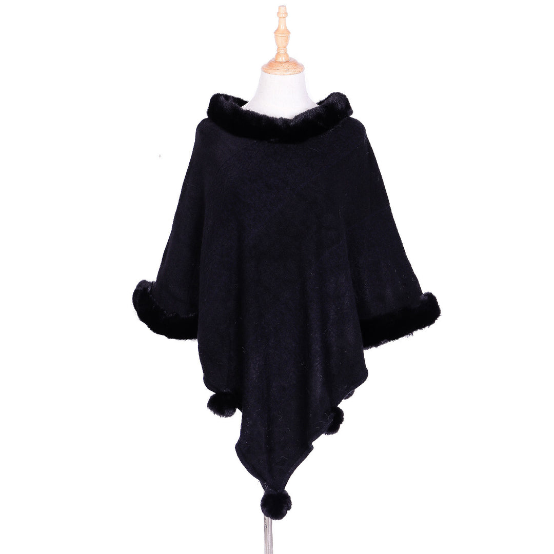 Damen Ruana-Poncho mit Kunstfellbesatz, Kaschmir-Touch und Bommel-Saum Drune