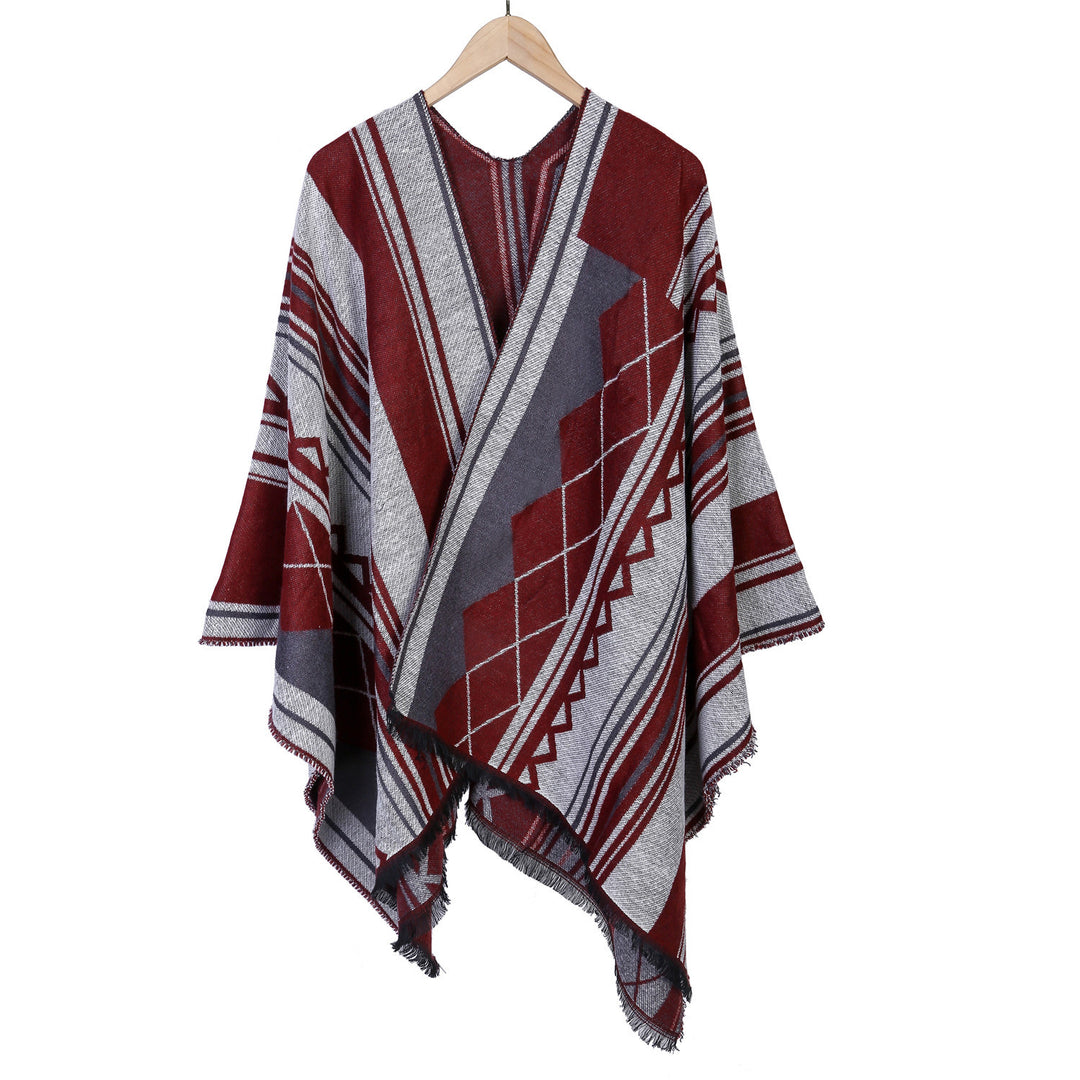 Damen Jacquard-Ruana im Oversize-Kimono mit Fransen und geometrischem Muster Drune