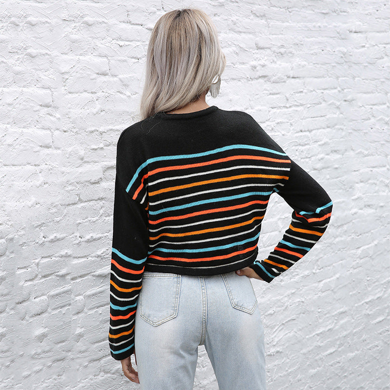 Damen Cropped Feinstrickpullover mit bunten Blockstreifen Drune