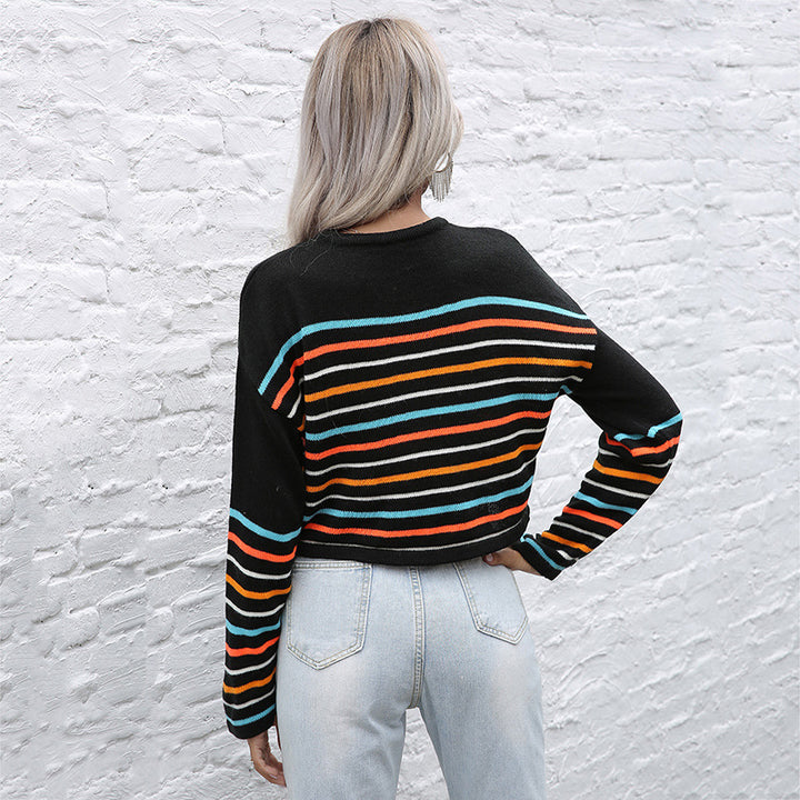 Damen Cropped Feinstrickpullover mit bunten Blockstreifen Drune