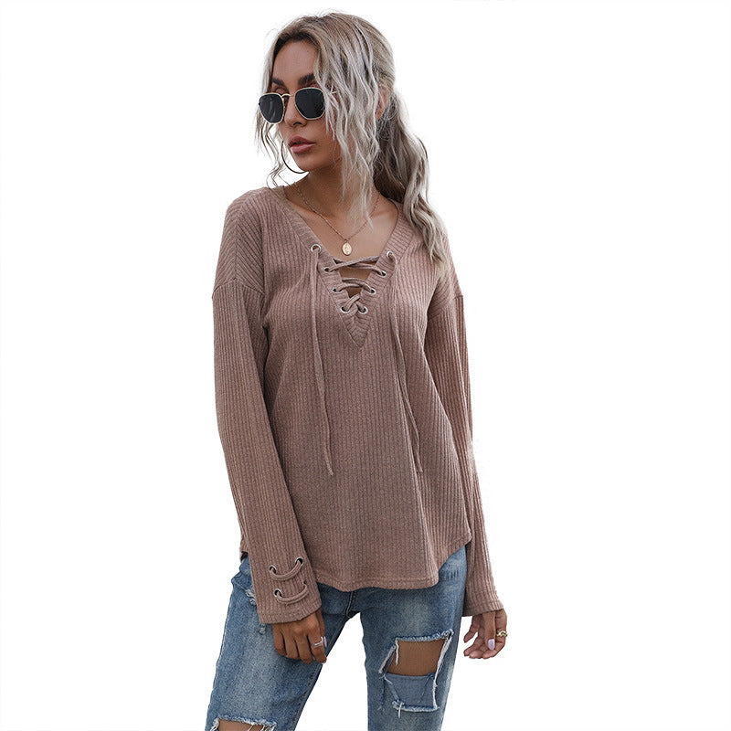 Damen Gerippter V-Ausschnitt Pullover mit Schnürdetail und lockerer Passform Drune