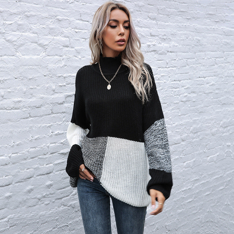 Damen Oversize-Feinstrickpullover im Blockpatch-Design mit Stehkragen Drune