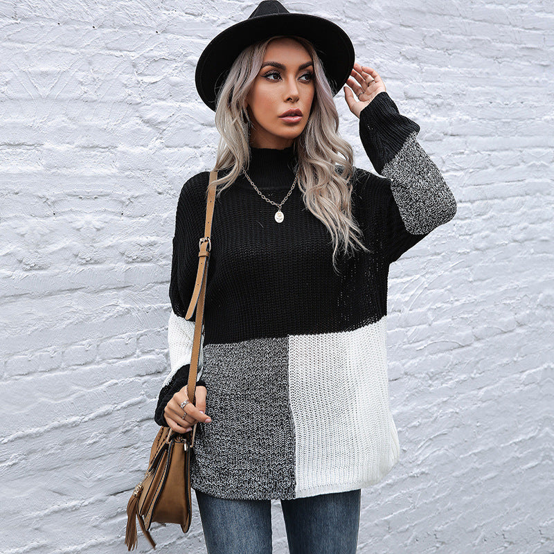 Damen Oversize-Feinstrickpullover im Blockpatch-Design mit Stehkragen Drune