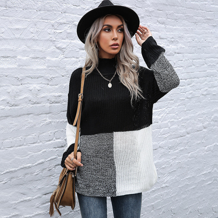 Damen Oversize-Feinstrickpullover im Blockpatch-Design mit Stehkragen Drune