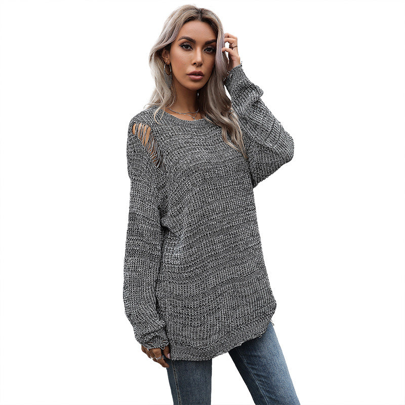 Damen Oversize-Strickpullover mit grobem Strukturstrick, asymmetrischem Saum und Used‑Look Drune