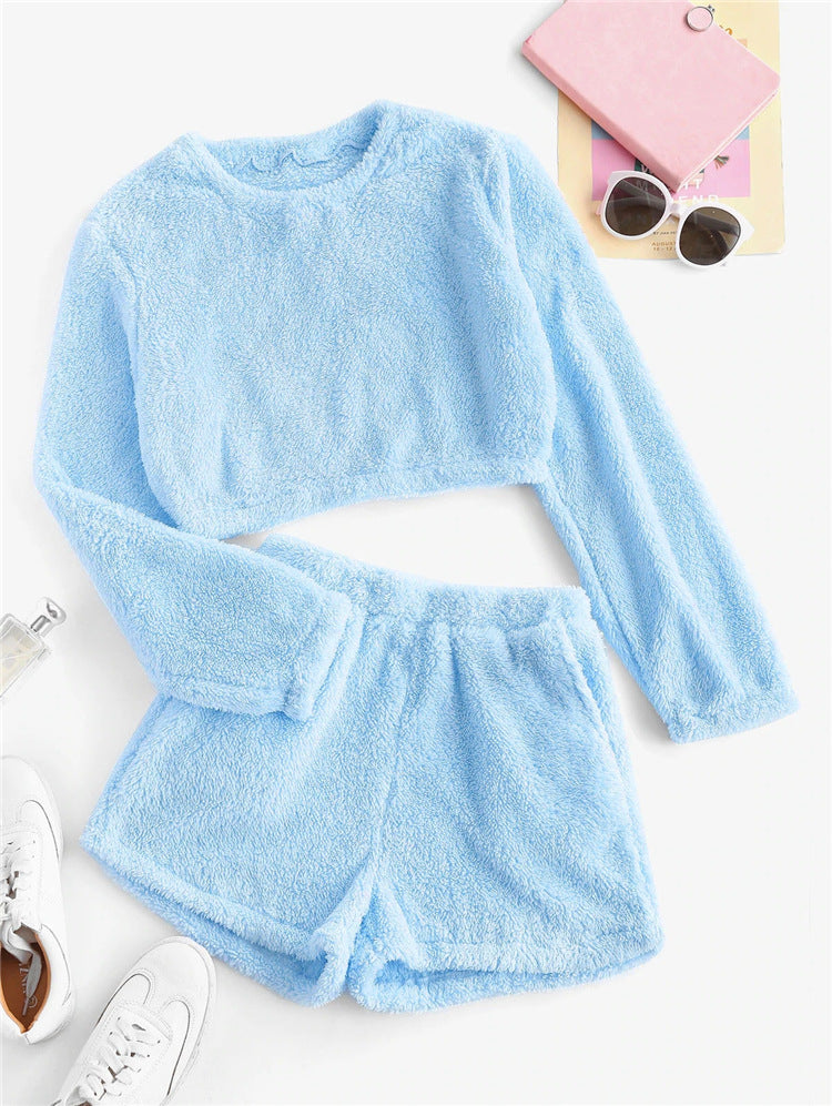 Damen Flauschiges Freizeit-Set mit cropped Oberteil Drune
