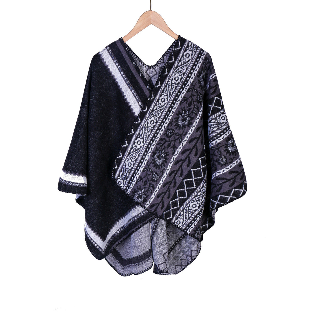 Damen Oversize-Ruana-Poncho mit Ornament-Jacquard und gehäkelter Kettelnaht Drune