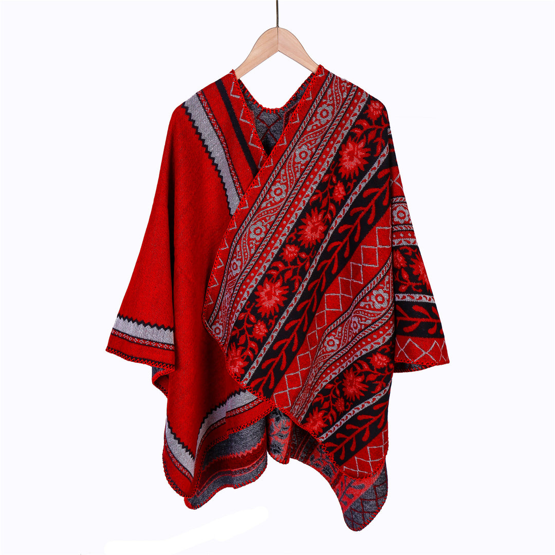 Damen Oversize-Ruana-Poncho mit Ornament-Jacquard und gehäkelter Kettelnaht Drune