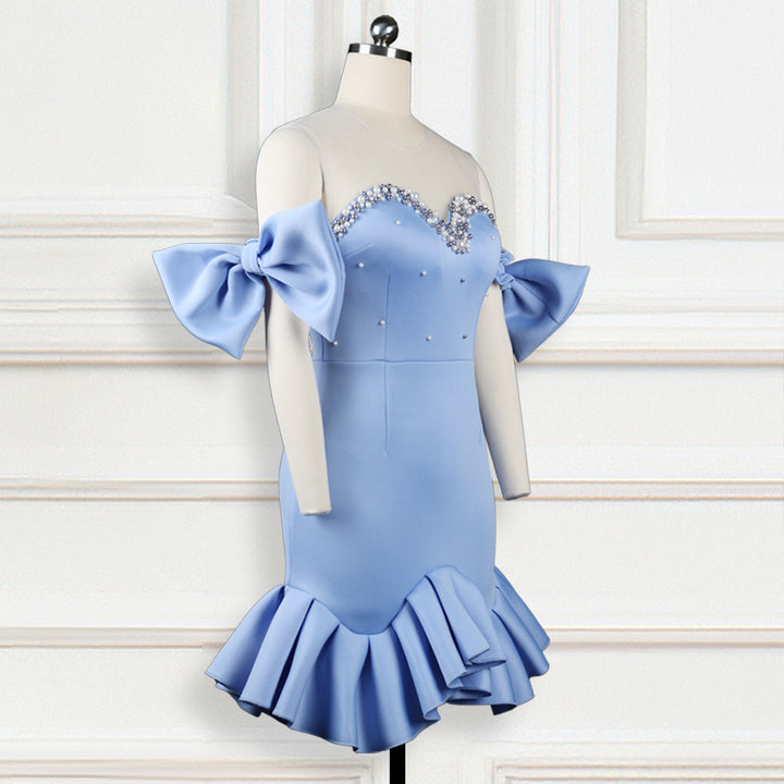 Damen glamouröses Cocktailkleid mit transparenten Puffärmeln und Rüschensaum Drune