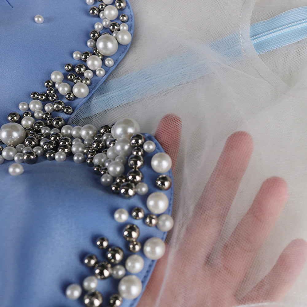 Damen glamouröses Cocktailkleid mit transparenten Puffärmeln und Rüschensaum Drune