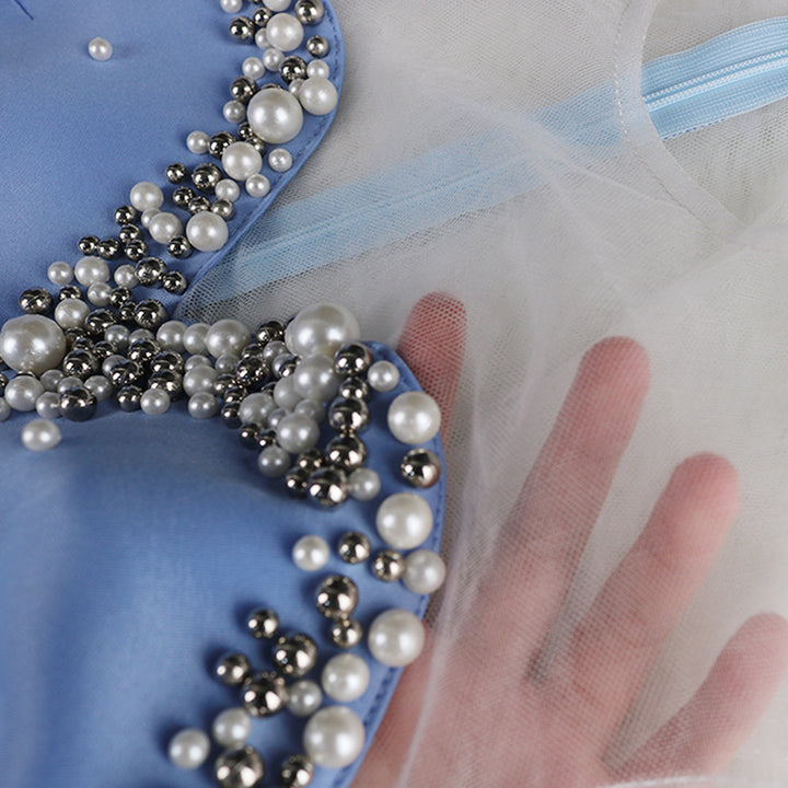 Damen glamouröses Cocktailkleid mit transparenten Puffärmeln und Rüschensaum Drune