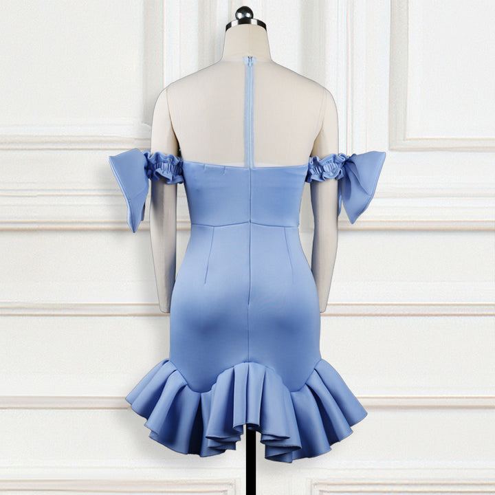 Damen Abendkleid mit transparenten Puffärmeln und Rüschenrand Drune