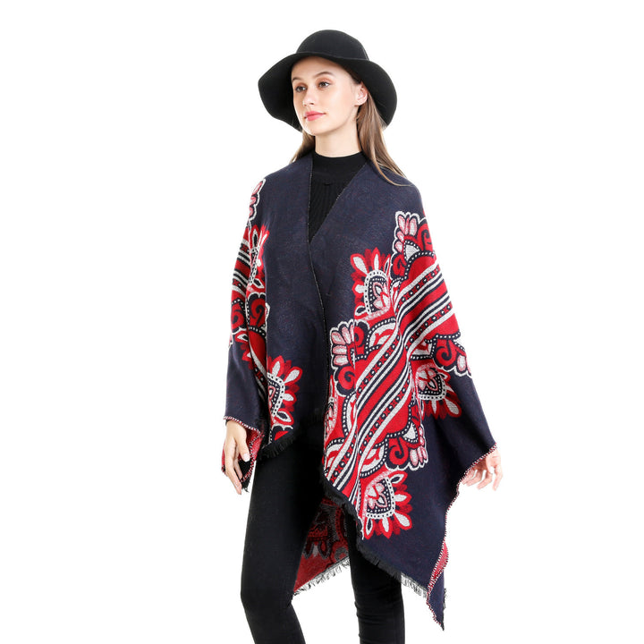 Damen Boho-Ruana mit floralem Ornamentjacquard und ausgefranster Kante Drune