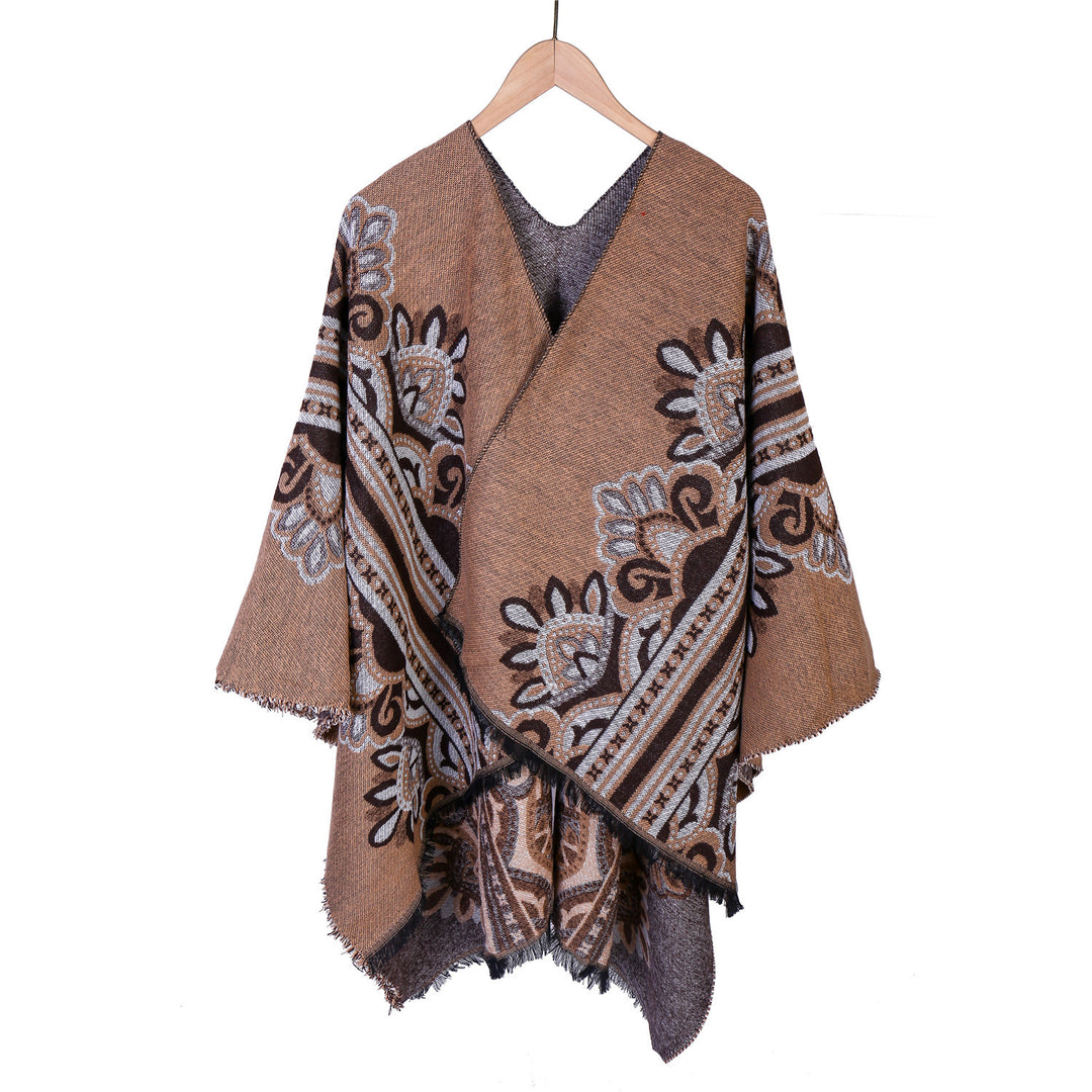 Damen Boho-Ruana mit floralem Ornamentjacquard und ausgefranster Kante Drune