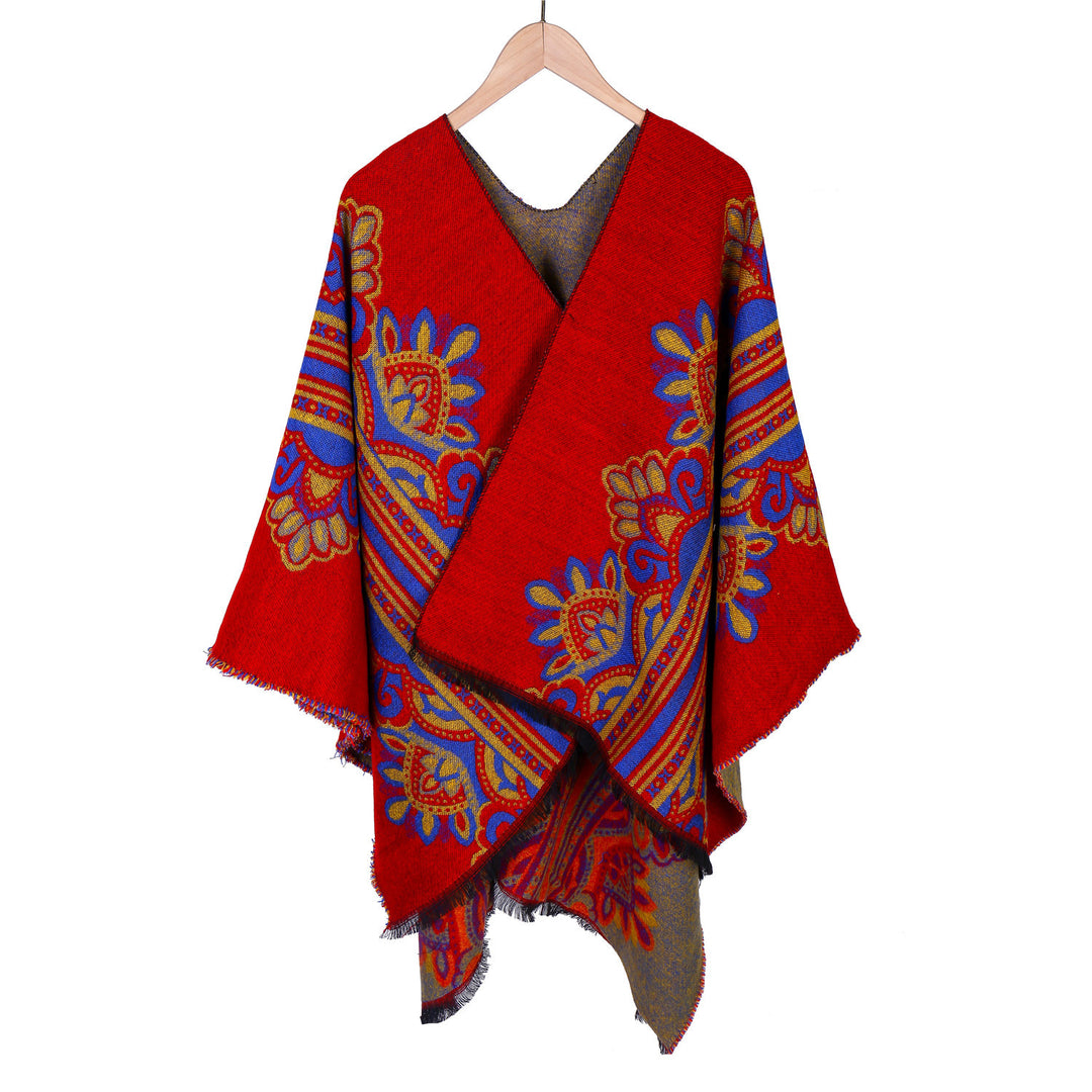 Damen Boho-Ruana mit floralem Ornamentjacquard und ausgefranster Kante Drune