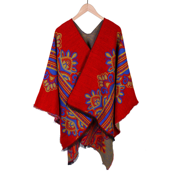 Damen Boho-Ruana mit floralem Ornamentjacquard und ausgefranster Kante Drune