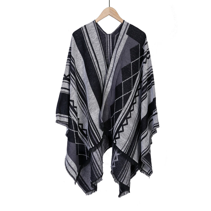 Damen Jacquard-Ruana im Oversize-Kimono mit Fransen und geometrischem Muster Drune