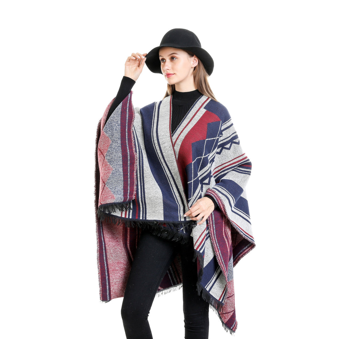 Damen Jacquard-Ruana im Oversize-Kimono mit Fransen und geometrischem Muster Drune