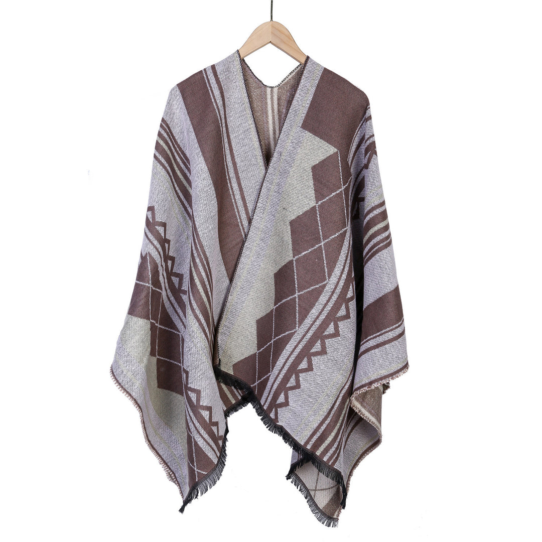 Damen Jacquard-Ruana im Oversize-Kimono mit Fransen und geometrischem Muster Drune