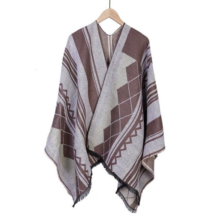 Damen Jacquard-Ruana im Oversize-Kimono mit Fransen und geometrischem Muster Drune
