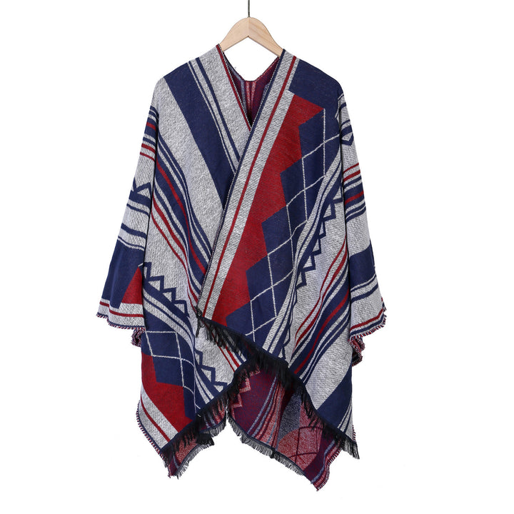 Damen Jacquard-Ruana im Oversize-Kimono mit Fransen und geometrischem Muster Drune