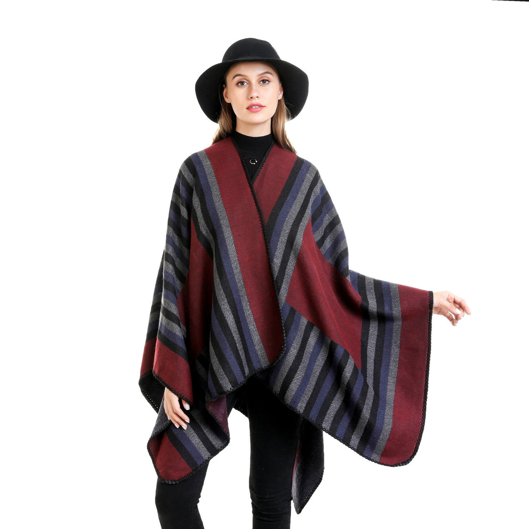 Damen Wendefreundliche Ruana im Oversize mit diagonalen Blockstreifen und dekorativer Zierkante Drune
