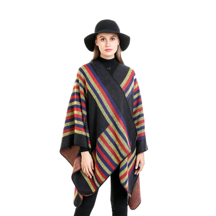 Damen Wendefreundliche Ruana im Oversize mit diagonalen Blockstreifen und dekorativer Zierkante Drune