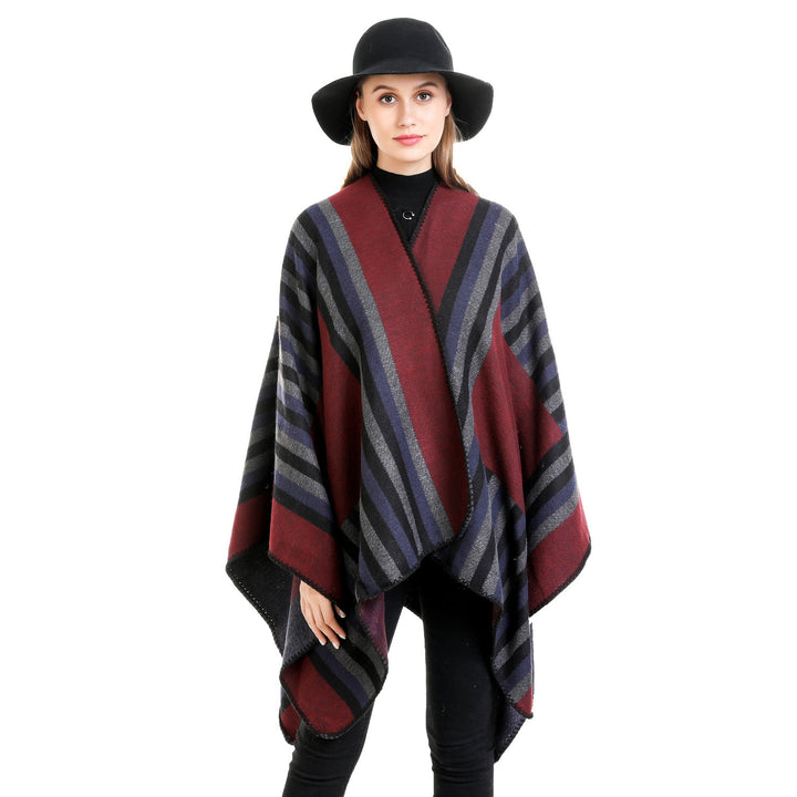 Damen Wendefreundliche Ruana im Oversize mit diagonalen Blockstreifen und dekorativer Zierkante Drune