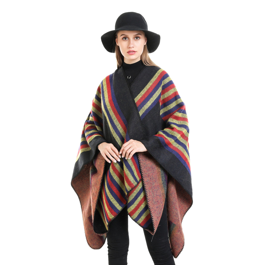 Damen Wendefreundliche Ruana im Oversize mit diagonalen Blockstreifen und dekorativer Zierkante Drune