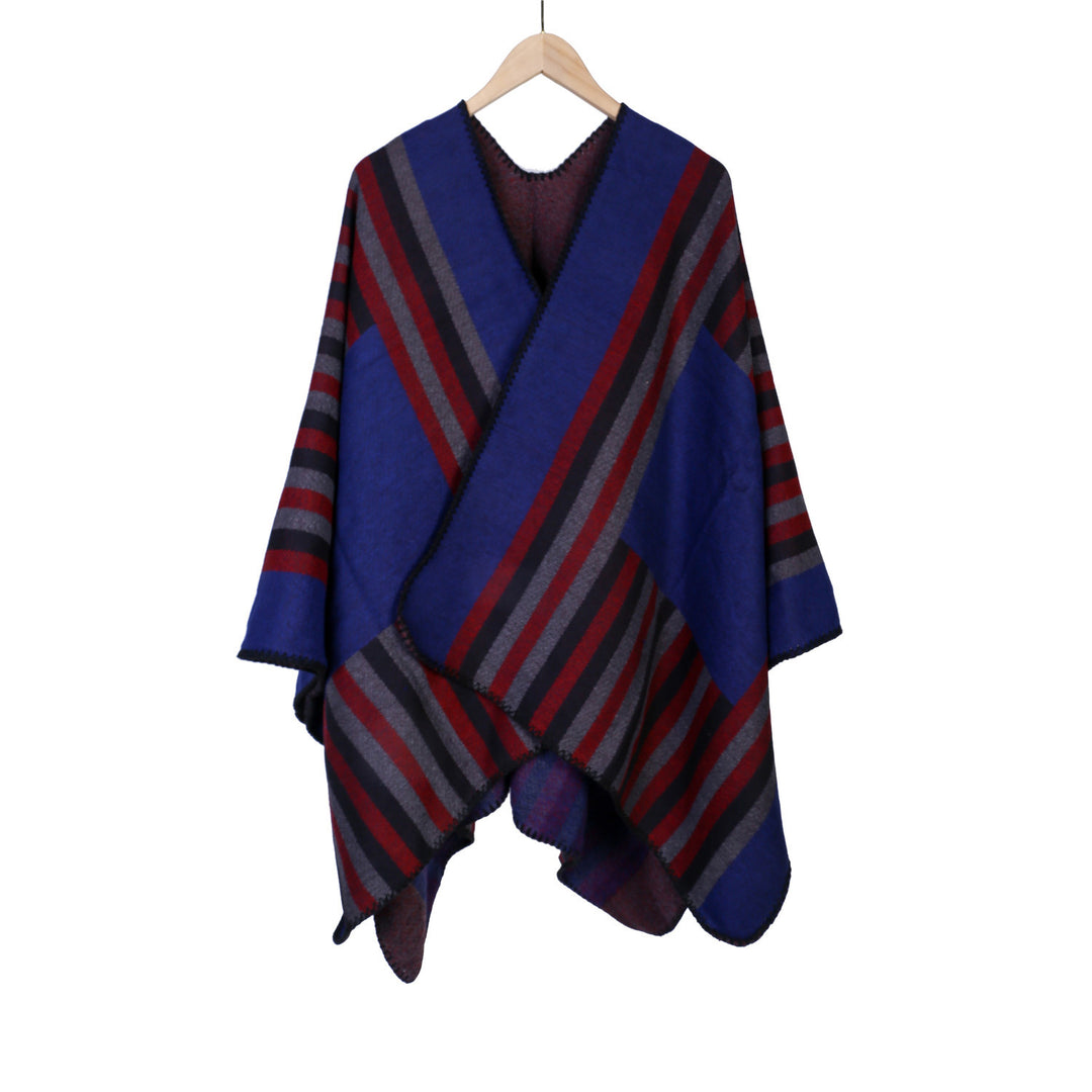 Damen Wendefreundliche Ruana im Oversize mit diagonalen Blockstreifen und dekorativer Zierkante Drune