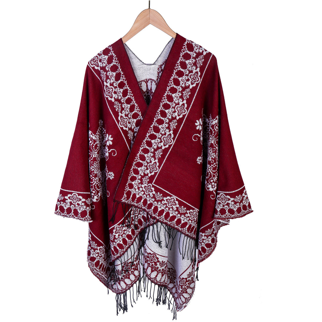 Damen Jacquard‑Poncho im Kimono‑Fall mit Fransensaum Drune
