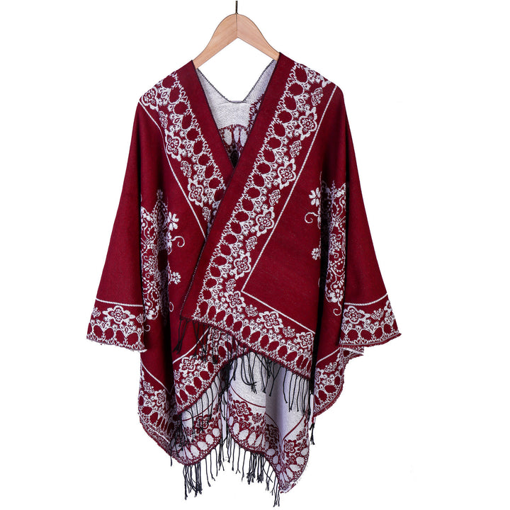 Damen Jacquard‑Poncho im Kimono‑Fall mit Fransensaum Drune