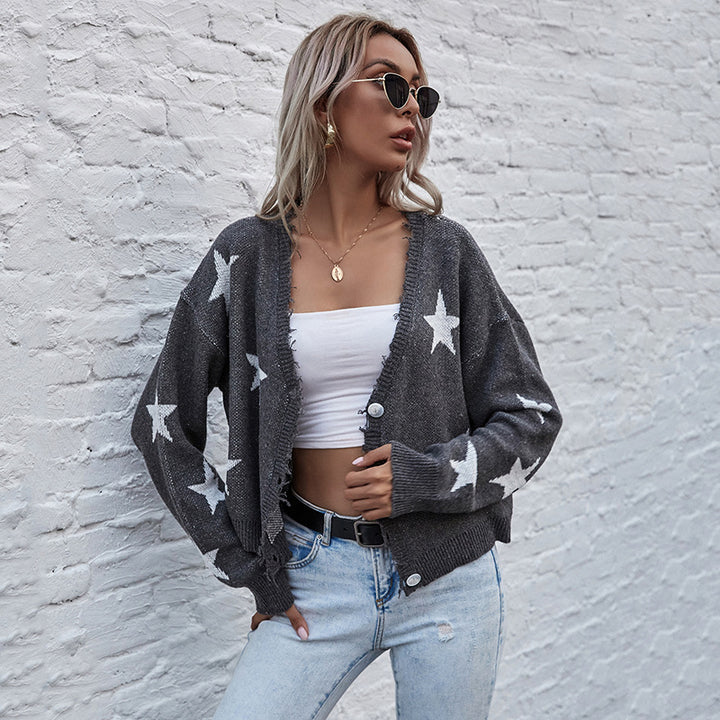 Damen Kurzgeschnittener V‑Ausschnitt Strickcardigan mit Sternen‑Jacquard und Fransenbesatz Drune