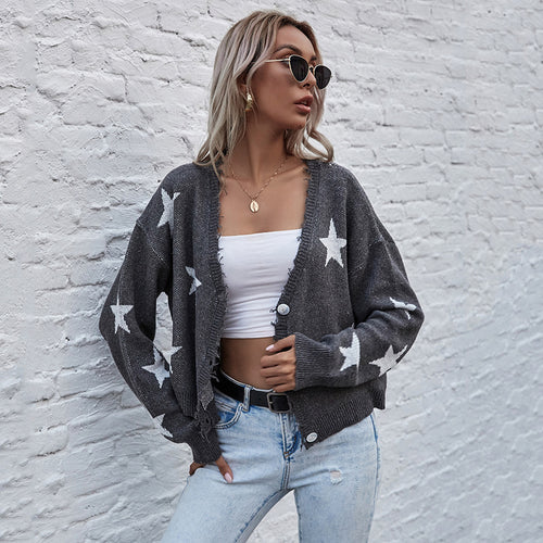 Damen Kurzgeschnittener V‑Ausschnitt Strickcardigan mit Sternen‑Jacquard und Fransenbesatz Drune
