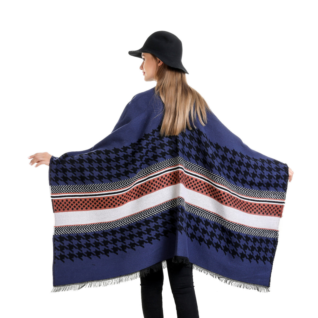 Damen Oversize-Ruana mit Hahnentritt-Jacquard und Fransensaum Drune