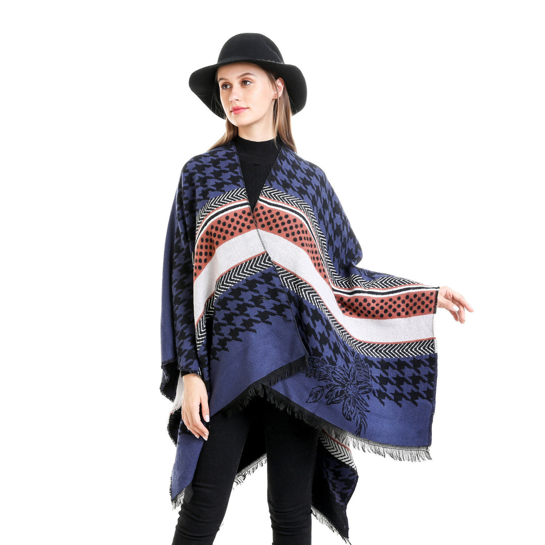 Damen Oversize-Ruana mit Hahnentritt-Jacquard und Fransensaum Drune